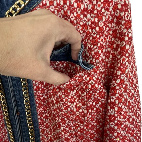 Boston Proper Jacket NWT Red Tweed Denim Trim Gold Chain Buttons Size 12 - Picture 13 of 15
